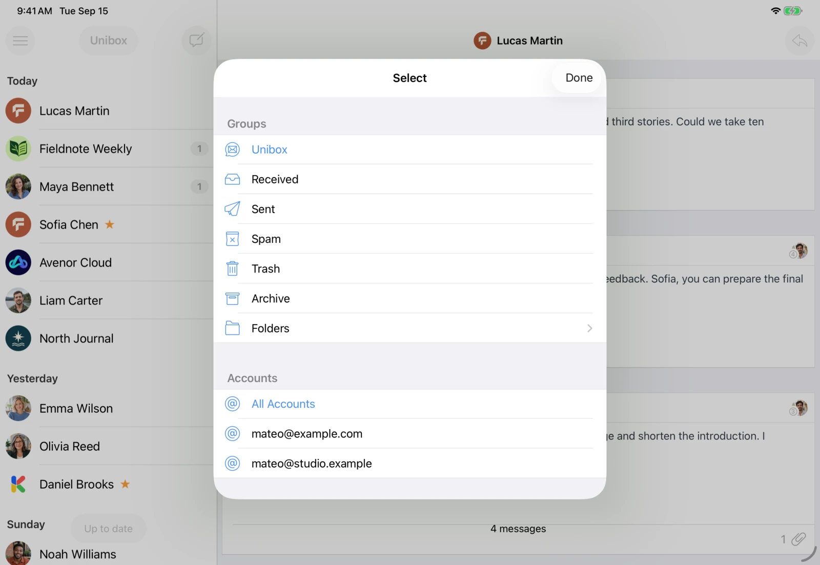 Unibox σε iPad: Το Unibox συγκεντρώνει τα email όλων των λογαριασμών σου σε μία προβολή.