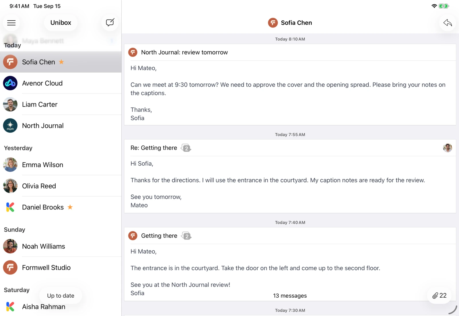 Unibox σε iPad: Στην επαφή βλέπεις μαζί τα εισερχόμενα και τα απεσταλμένα email.