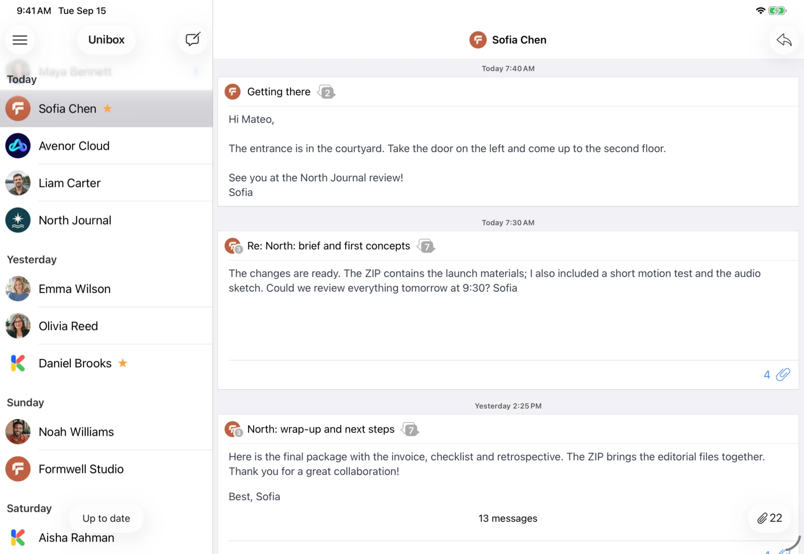 Unibox σε iPad: Το Unibox ομαδοποιεί τα email σας ανά αποστολέα.